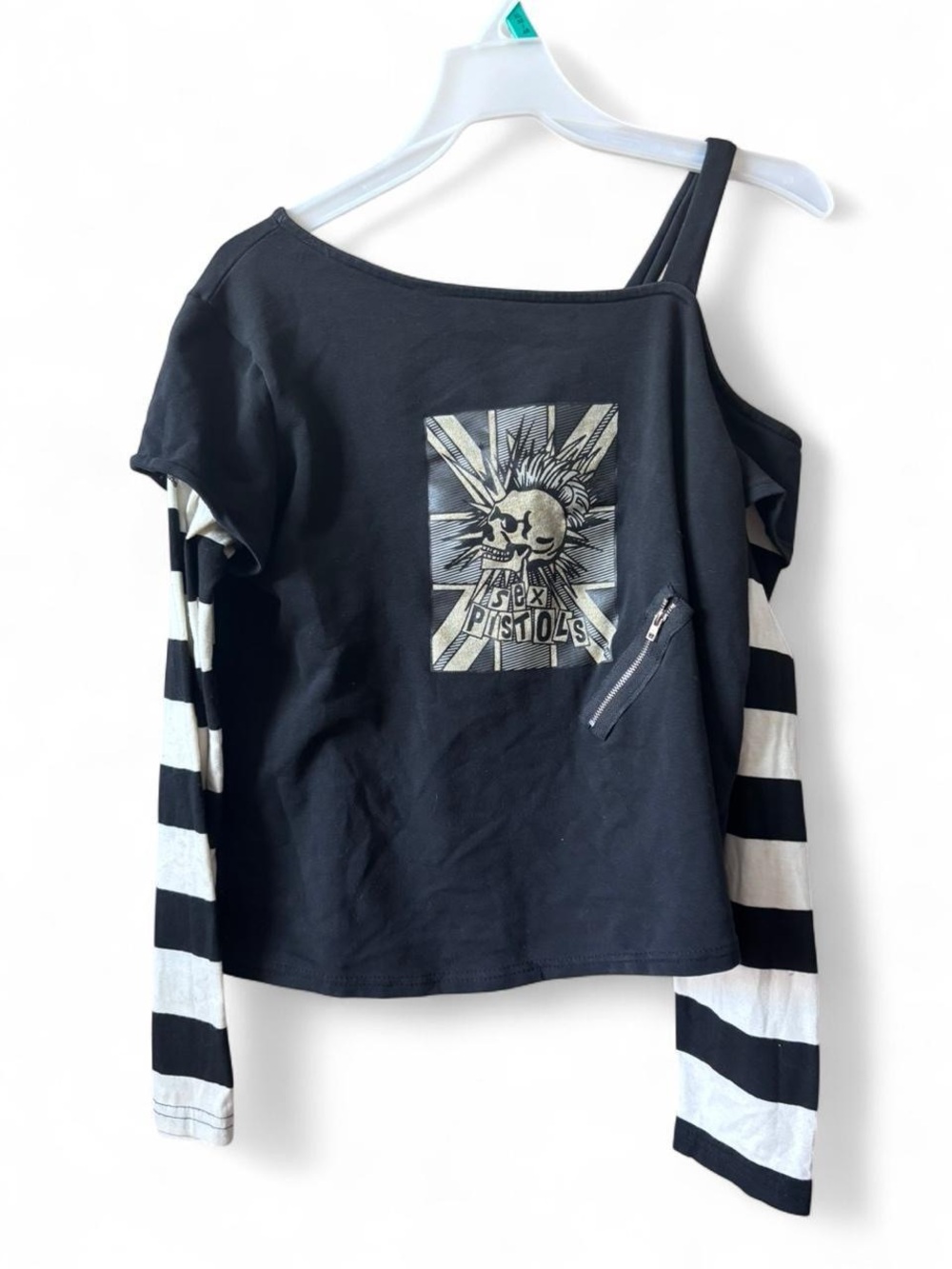 Black Cold-Shoulder Punk Graphic Sweatshirt with Striped Sleeves